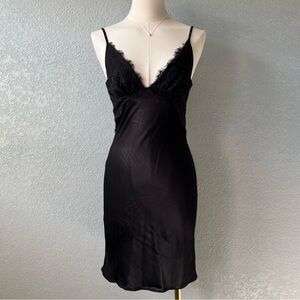 Sky to Moon Black Lace Trim Slip Dress Y2K 90s Rayon Style Satin Nightgown S